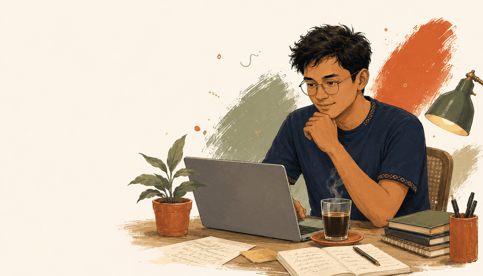 Tato — indie maker Indonesia di mejanya, nulis dengan laptop dan kopi